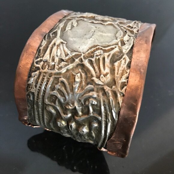 Antique Victorian Sterling Silver Green Man Copper Cuff 925 Bracelet Art nouveau - Picture 4 of 8